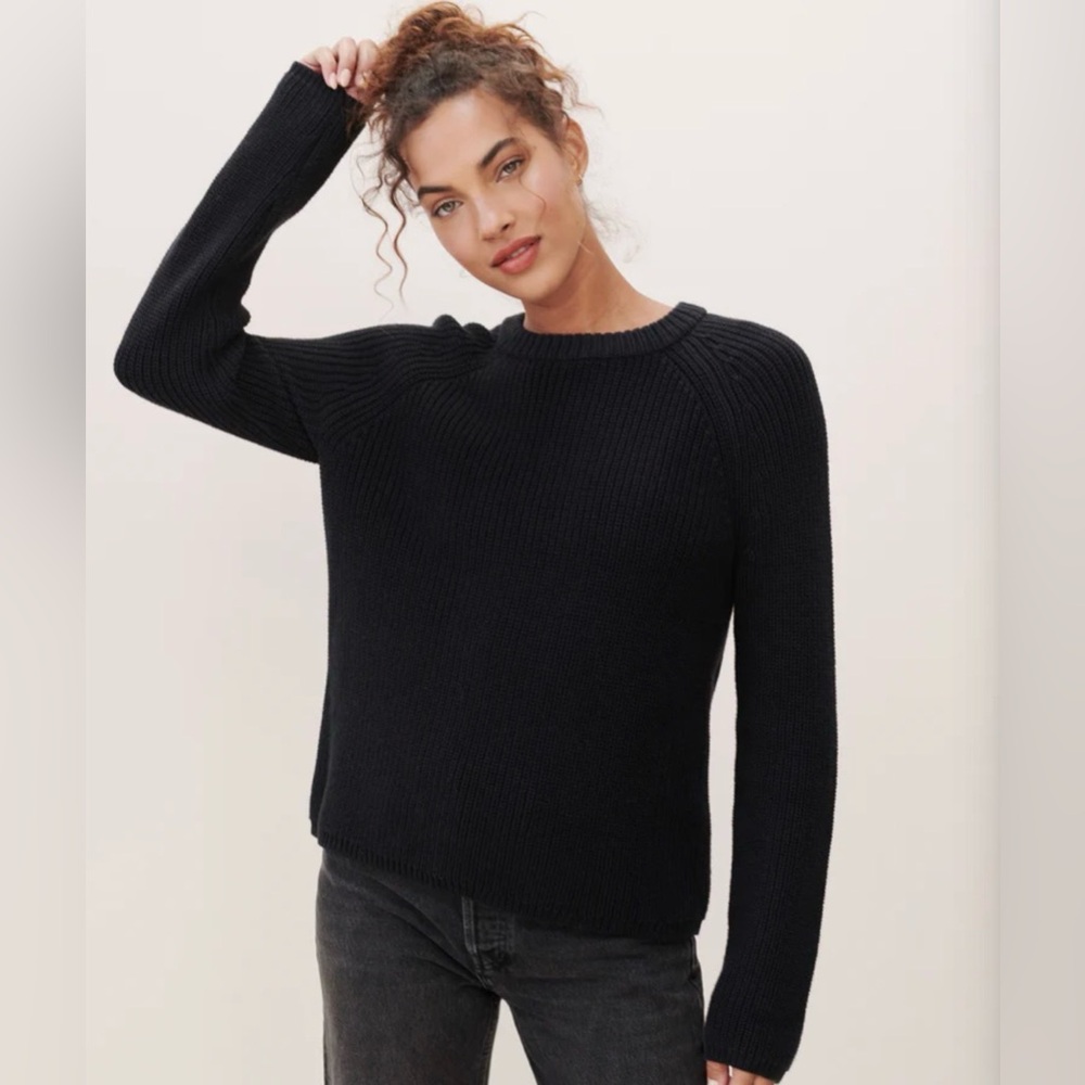 Jenni Kayne Size L 100% Cotton Fisherman Knit Crewneck Sweater - Black